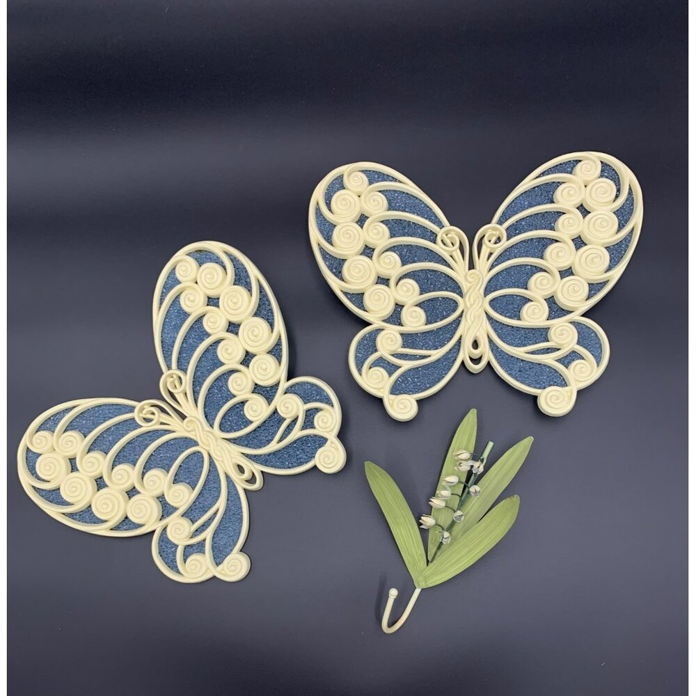 Vintage 70s Butterfly Wall Decor Set Of 2 With Leaf & Flower Design Hooks